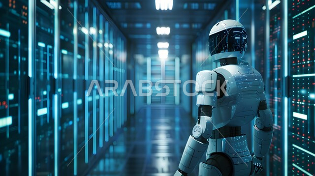 Technological development on planet Earth, future technology of computing and data analysis, replacing human workforce with robots, Saudi Vision 2030, advanced smart robot walking in the server room, achieving the industrial revolution, innovation, science and artificial intelligence technologies