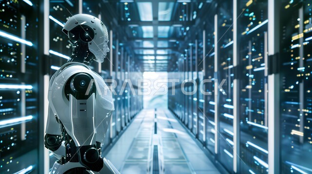 التطور التكنولوجي على كوكب الأرض، التكنولوجيا المستقبلية للحوسبة وتحليل البيانات، استبدال القوة العاملة البشرية بالروبوتات، رؤية مستقبلية سعودية 2030، رجل آلي متطور ذكي يمشي في غرفة السيرفير, تحقيق الثورة الصناعية، الابتكار والعلوم و تقنيات الذكاء الاصطناعي