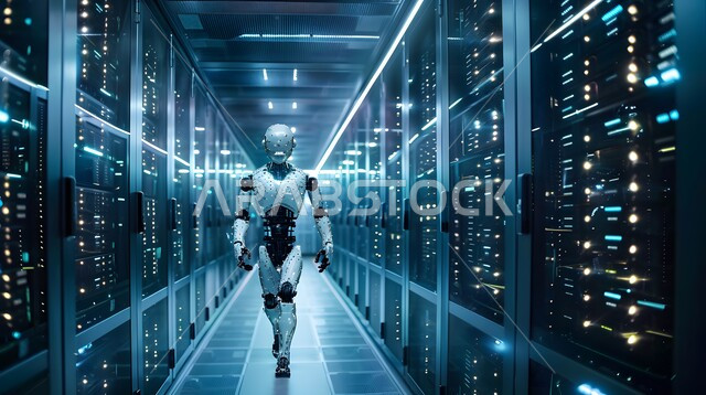Technological development on planet Earth, future technology of computing and data analysis, replacing human workforce with robots, Saudi Vision 2030, advanced smart robot walking in the server room, achieving the industrial revolution, innovation, science and artificial intelligence technologies
