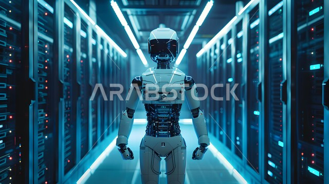 Advanced intelligent robot walking in server room, technological development on planet earth, future technology of computing and data analysis, replacing human workforce with robots, Saudi Vision 2030, achieving industrial revolution, innovation, science and artificial intelligence technologies