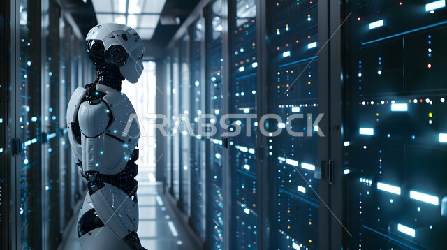 رجل آلي متطور ذكي يمشي في غرفة السيرفير, التطور التكنولوجي على كوكب الأرض، التكنولوجيا المستقبلية للحوسبة وتحليل البيانات، استبدال القوة العاملة البشرية بالروبوتات، رؤية مستقبلية سعودية 2030، تحقيق الثورة الصناعية، الابتكار والعلوم و تقنيات الذكاء الاصطناعي