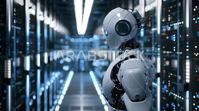 Advanced intelligent robot walking in server room, technological development on planet earth, future technology of computing and data analysis, replacing human workforce with robots, Saudi Vision 2030, achieving industrial revolution, innovation, science and artificial intelligence technologies