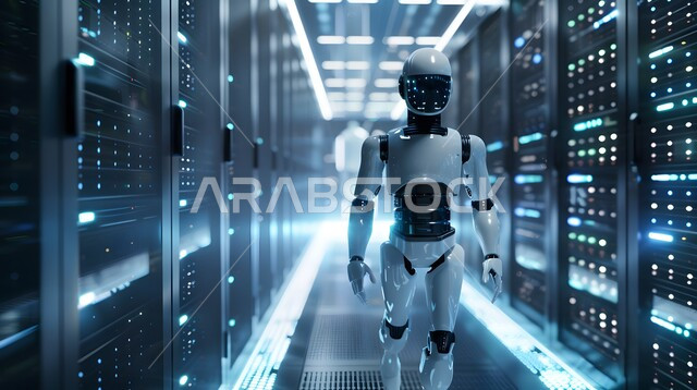 روبوت يمشي في غرفة الخادم. ينقل المشهد مفهوم الذكاء الاصطناعي ، مع خلفية تقنية مركز البيانات وتصميم مستقبلي. التكنولوجيا المستقبلية للحوسبة وتحليل البيانات. الذكاء الاصطناعي.