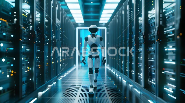 روبوت يمشي في غرفة الخادم. ينقل المشهد مفهوم الذكاء الاصطناعي ، مع خلفية تقنية مركز البيانات وتصميم مستقبلي. التكنولوجيا المستقبلية للحوسبة وتحليل البيانات. الذكاء الاصطناعي.