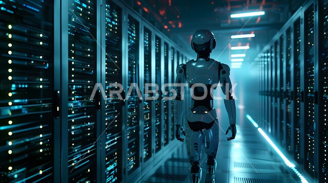 Advanced intelligent robot walking in server room, technological development on planet earth, future technology of computing and data analysis, replacing human workforce with robots, Saudi Vision 2030, achieving industrial revolution, innovation, science and artificial intelligence technologies