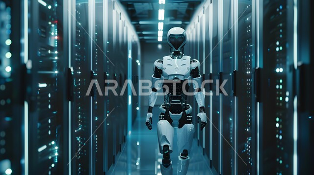 رجل آلي متطور ذكي يمشي في غرفة السيرفير, التطور التكنولوجي على كوكب الأرض، التكنولوجيا المستقبلية للحوسبة وتحليل البيانات، استبدال القوة العاملة البشرية بالروبوتات، رؤية مستقبلية سعودية 2030، تحقيق الثورة الصناعية، الابتكار والعلوم و تقنيات الذكاء الاصطناعي