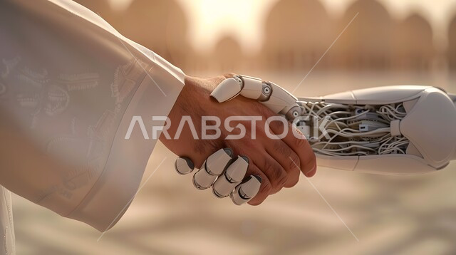 تطور الذكاء الاصطناعي والعلوم والتكنولوجيا، مفهوم التعاون بين البشر والروبوتات،رؤية مستقبلية سعودية 2030، التحول الرقمي والتقدم التقني، تحقيق الثورة الصناعية في المجال الالكتروني, صورة مقربة ليد رجل عربي خليجي سعودي يرتدي الثوب التقليدي تقوم بمصافحة يد روبوت