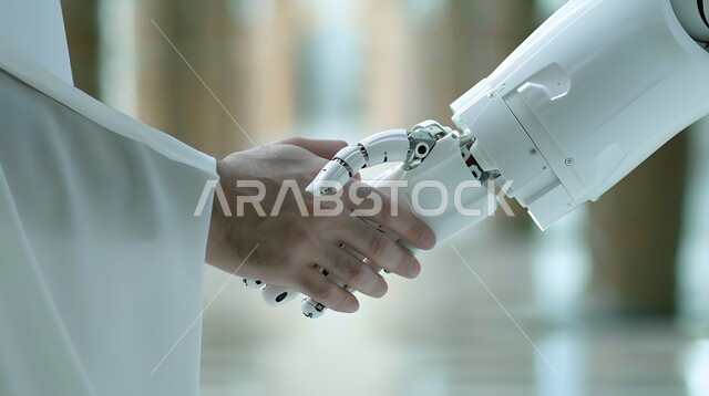 التحول الرقمي والتقدم التقني، تطور الذكاء الاصطناعي والعلوم والتكنولوجيا، مفهوم التعاون بين البشر والروبوتات، رؤية مستقبلية سعودية 2030،تحقيق الثورة الصناعية في المجال الالكتروني, صورة مقربة ليد رجل عربي خليجي سعودي يرتدي الثوب التقليدي تقوم بمصافحة يد روبوت