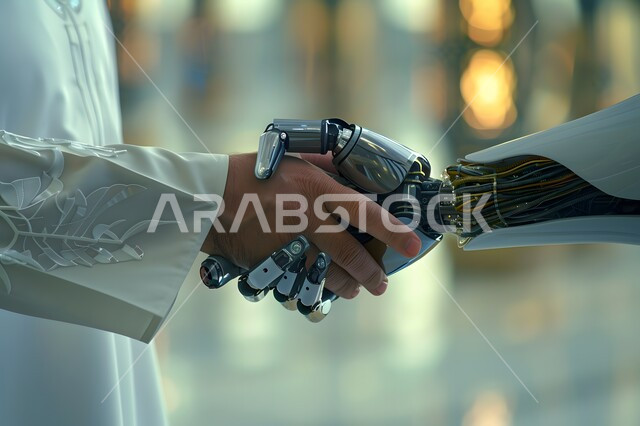 التحول الرقمي والتقدم التقني، تطور الذكاء الاصطناعي والعلوم والتكنولوجيا، مفهوم التعاون بين البشر والروبوتات، رؤية مستقبلية سعودية 2030،تحقيق الثورة الصناعية في المجال الالكتروني, صورة مقربة ليد رجل عربي خليجي سعودي يرتدي الثوب التقليدي تقوم بمصافحة يد روبوت