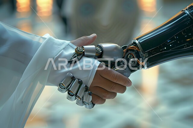 The development of artificial intelligence, science and technology, the concept of cooperation between humans and robots, Saudi Vision 2030, digital transformation and technological progress, achieving the industrial revolution in the electronic field, a close-up of the hand of a Saudi Arabian Gulf man wearing a traditional dress shaking hands with a robot