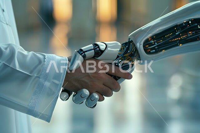 The development of artificial intelligence, science and technology, the concept of cooperation between humans and robots, Saudi Vision 2030, digital transformation and technological progress, achieving the industrial revolution in the electronic field, a close-up of the hand of a Saudi Arabian Gulf man wearing a traditional dress shaking hands with a robot