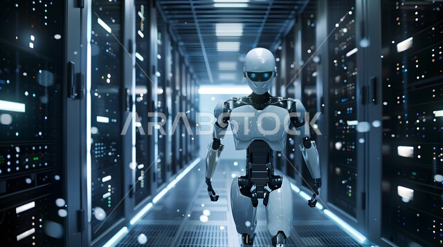 Replacing human labor force with robots, future technology of computing and data analysis, technological development on planet earth, Saudi Vision 2030, advanced smart robot walking in the server room, achieving the industrial revolution, innovation, science and artificial intelligence technologies