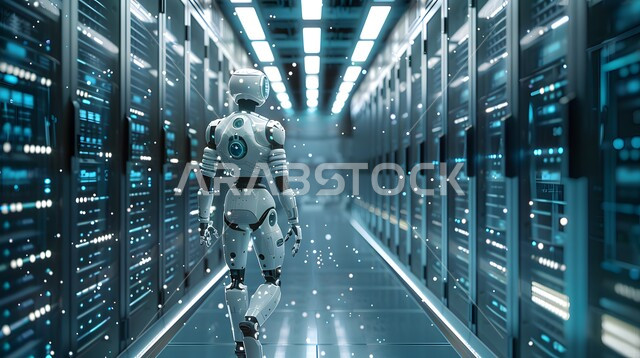 Replacing human labor force with robots, future technology of computing and data analysis, technological development on planet earth, Saudi Vision 2030, advanced smart robot walking in the server room, achieving the industrial revolution, innovation, science and artificial intelligence technologies