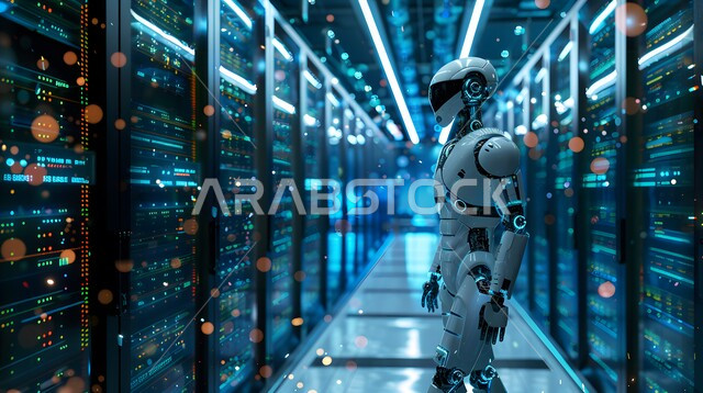 Replacing human labor force with robots, future technology of computing and data analysis, technological development on planet earth, Saudi Vision 2030, advanced smart robot walking in the server room, achieving the industrial revolution, innovation, science and artificial intelligence technologies