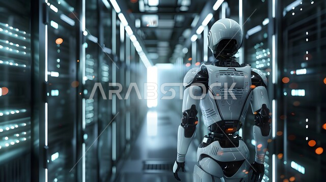 Replacing human labor force with robots, future technology of computing and data analysis, technological development on planet earth, Saudi Vision 2030, advanced smart robot walking in the server room, achieving the industrial revolution, innovation, science and artificial intelligence technologies