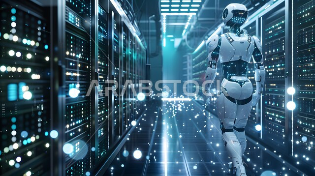 Replacing human labor force with robots, future technology of computing and data analysis, technological development on planet earth, Saudi Vision 2030, advanced smart robot walking in the server room, achieving the industrial revolution, innovation, science and artificial intelligence technologies