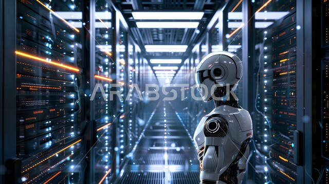 Replacing human labor force with robots, future technology of computing and data analysis, technological development on planet earth, Saudi Vision 2030, advanced smart robot walking in the server room, achieving the industrial revolution, innovation, science and artificial intelligence technologies