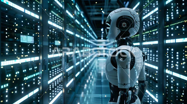 استبدال القوة العاملة البشرية بالروبوتات، التكنولوجيا المستقبلية للحوسبة وتحليل البيانات، التطور التكنولوجي على كوكب الأرض، رؤية مستقبلية سعودية 2030، رجل آلي متطور ذكي يمشي في غرفة السيرفير, تحقيق الثورة الصناعية، الابتكار والعلوم و تقنيات الذكاء الاصطناعي