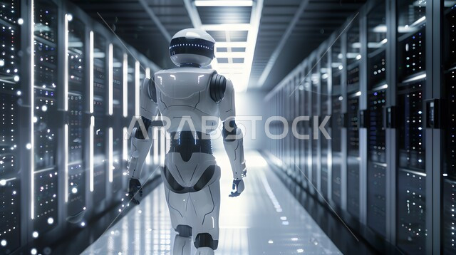 Advances in artificial intelligence technologies and sciences, replacing human labor with robots, future computing and data analysis technology, technological development on planet Earth, Saudi Vision 2030, advanced smart robot walking in the server room, achieving the industrial revolution