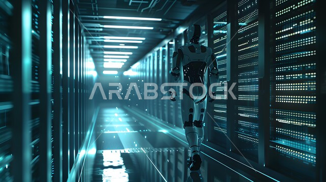 Advances in artificial intelligence technologies and sciences, replacing human labor with robots, future computing and data analysis technology, technological development on planet Earth, Saudi Vision 2030, advanced smart robot walking in the server room, achieving the industrial revolution