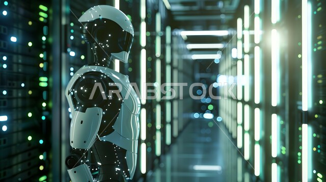 Advances in artificial intelligence technologies and sciences, replacing human labor with robots, future computing and data analysis technology, technological development on planet Earth, Saudi Vision 2030, advanced smart robot walking in the server room, achieving the industrial revolution