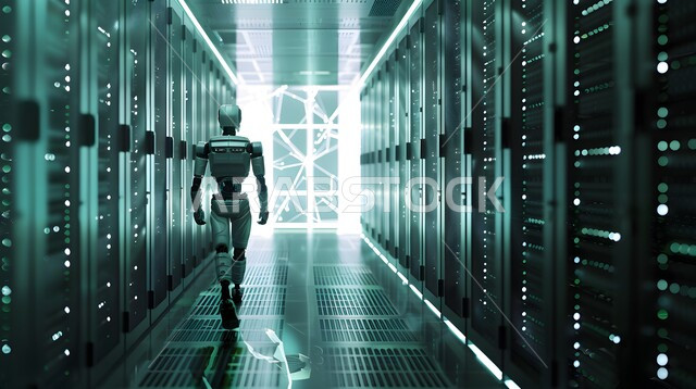Advances in artificial intelligence technologies and sciences, replacing human labor with robots, future computing and data analysis technology, technological development on planet Earth, Saudi Vision 2030, advanced smart robot walking in the server room, achieving the industrial revolution