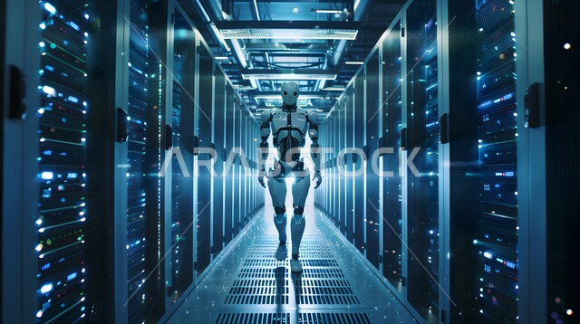 تقنيات وعلوم الذكاء الاصطناعي المتطورة، استبدال القوة العاملة البشرية بالروبوتات، التكنولوجيا المستقبلية للحوسبة وتحليل البيانات، التطور التكنولوجي على كوكب الأرض، رؤية مستقبلية سعودية 2030، رجل آلي متطور ذكي يمشي في غرفة السيرفير, تحقيق الثورة الصناعية