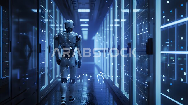 Advanced artificial intelligence technologies and sciences, replacing human labor with robots, future computing and data analysis technology, technological development on planet Earth, Saudi Vision 2030, advanced smart robot walking in the server room, achieving the industrial revolution