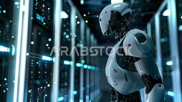Advanced artificial intelligence technologies and sciences, replacing human labor with robots, future computing and data analysis technology, technological development on planet Earth, Saudi Vision 2030, advanced smart robot walking in the server room, achieving the industrial revolution