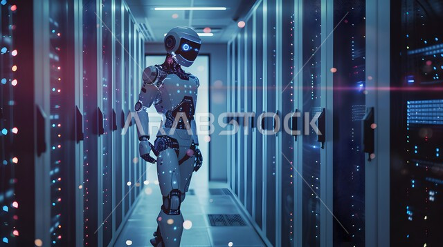 تحقيق الثورة الصناعية الالكترونية، تقنيات وعلوم الذكاء الاصطناعي، استبدال القوة العاملة البشرية بالروبوتات، التكنولوجيا المستقبلية للحوسبة وتحليل البيانات، التطور التكنولوجي على كوكب الأرض، رؤية مستقبلية سعودية 2030، رجل آلي متطور ذكي يمشي في غرفة السيرفير