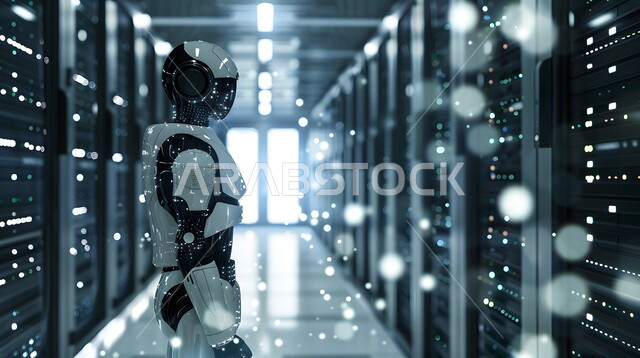 تحقيق الثورة الصناعية الالكترونية، تقنيات وعلوم الذكاء الاصطناعي، استبدال القوة العاملة البشرية بالروبوتات، التكنولوجيا المستقبلية للحوسبة وتحليل البيانات، التطور التكنولوجي على كوكب الأرض، رؤية مستقبلية سعودية 2030، رجل آلي متطور ذكي يمشي في غرفة السيرفير