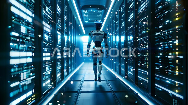 تحقيق الثورة الصناعية الالكترونية، تقنيات وعلوم الذكاء الاصطناعي، استبدال القوة العاملة البشرية بالروبوتات، التكنولوجيا المستقبلية للحوسبة وتحليل البيانات، التطور التكنولوجي على كوكب الأرض، رؤية مستقبلية سعودية 2030، رجل آلي متطور ذكي يمشي في غرفة السيرفير