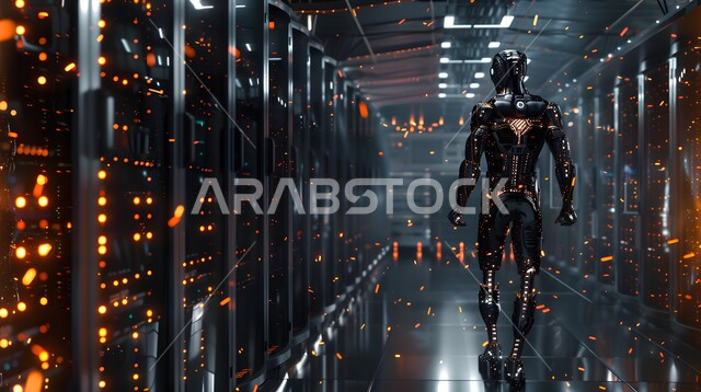 تحقيق الثورة الصناعية الالكترونية، تقنيات وعلوم الذكاء الاصطناعي، استبدال القوة العاملة البشرية بالروبوتات، التكنولوجيا المستقبلية للحوسبة وتحليل البيانات، التطور التكنولوجي على كوكب الأرض، رؤية مستقبلية سعودية 2030، رجل آلي متطور ذكي يمشي في غرفة السيرفير