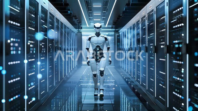 رؤية مستقبلية سعودية 2030، تحقيق الثورة الصناعية الالكترونية، تقنيات وعلوم الذكاء الاصطناعي، استبدال القوة العاملة البشرية بالروبوتات، التكنولوجيا المستقبلية للحوسبة وتحليل البيانات، التطور التكنولوجي على كوكب الأرض، رجل آلي متطور ذكي يمشي في غرفة السيرفير