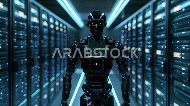 رؤية مستقبلية سعودية 2030، تحقيق الثورة الصناعية الالكترونية، تقنيات وعلوم الذكاء الاصطناعي، استبدال القوة العاملة البشرية بالروبوتات، التكنولوجيا المستقبلية للحوسبة وتحليل البيانات، التطور التكنولوجي على كوكب الأرض، رجل آلي متطور ذكي يمشي في غرفة السيرفير