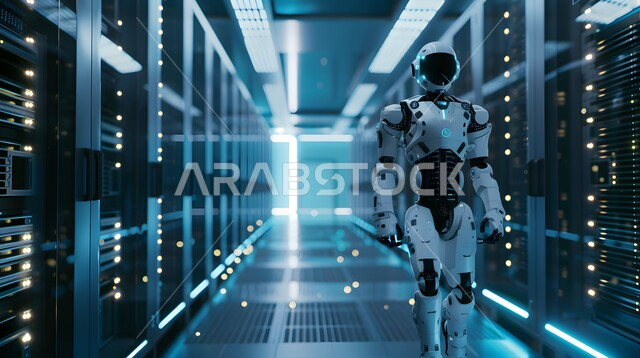 رؤية مستقبلية سعودية 2030، تحقيق الثورة الصناعية الالكترونية، تقنيات وعلوم الذكاء الاصطناعي، استبدال القوة العاملة البشرية بالروبوتات، التكنولوجيا المستقبلية للحوسبة وتحليل البيانات، التطور التكنولوجي على كوكب الأرض، رجل آلي متطور ذكي يمشي في غرفة السيرفير