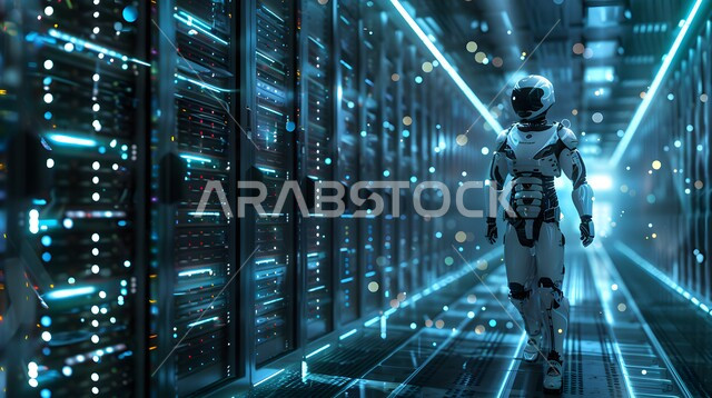 رؤية مستقبلية سعودية 2030، تحقيق الثورة الصناعية الالكترونية، تقنيات وعلوم الذكاء الاصطناعي، استبدال القوة العاملة البشرية بالروبوتات، التكنولوجيا المستقبلية للحوسبة وتحليل البيانات، التطور التكنولوجي على كوكب الأرض، رجل آلي متطور ذكي يمشي في غرفة السيرفير