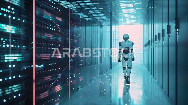 رؤية مستقبلية سعودية 2030، تحقيق الثورة الصناعية الالكترونية، تقنيات وعلوم الذكاء الاصطناعي، استبدال القوة العاملة البشرية بالروبوتات، التكنولوجيا المستقبلية للحوسبة وتحليل البيانات، التطور التكنولوجي على كوكب الأرض، رجل آلي متطور ذكي يمشي في غرفة السيرفير