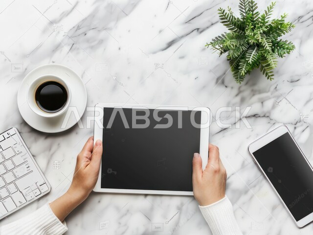 Electronic development and technological growth, a top view of the hands of an Arab Gulf woman holding a tablet while completing work and tasks in the office, women's office jobs and professions, use of modern and advanced technologies, white background