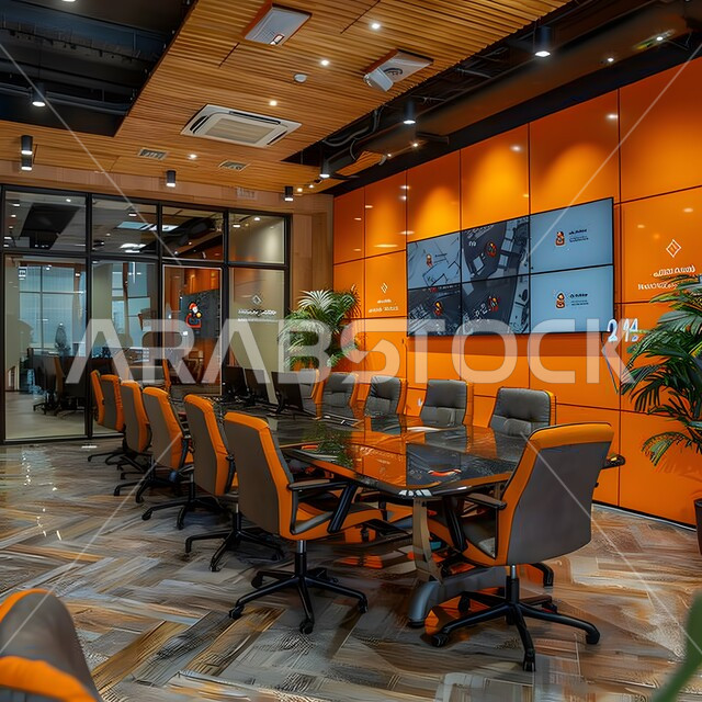 غرف مكتبية بتصاميم وديكورات داخلية فخمة، التصميم العصري الحديث للمكاتب في الشركات السعودية، النوافذ والواجهات الزجاجية، غرفة اجتماعات واسعة مع طاولة محاطة بكراسي