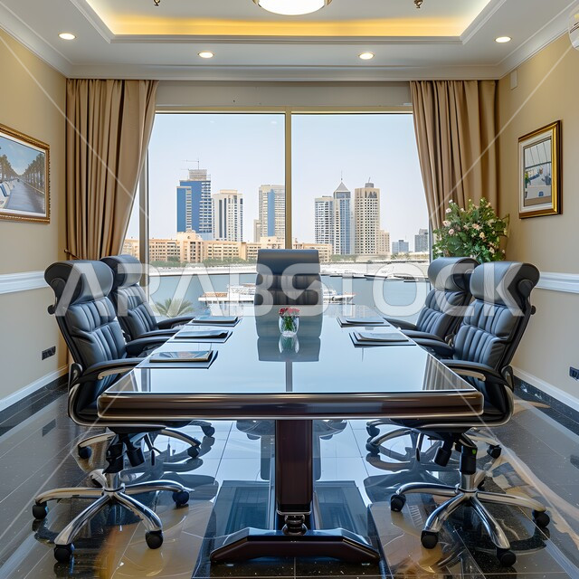 Spacious meeting room with table surrounded by chairs, office rooms with luxurious interior designs and decorations, modern contemporary design of offices in Saudi companies, windows and glass facades