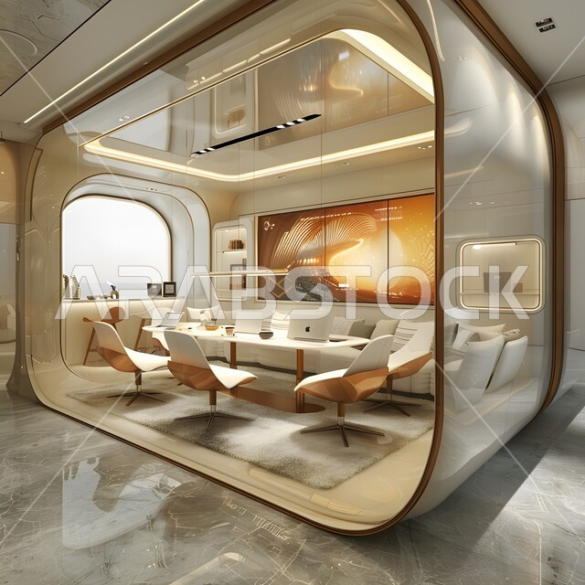 غرفة اجتماعات واسعة مع طاولة محاطة بكراسي، غرف مكتبية بتصاميم وديكورات داخلية فخمة، التصميم العصري الحديث للمكاتب في الشركات السعودية، النوافذ والواجهات الزجاجية