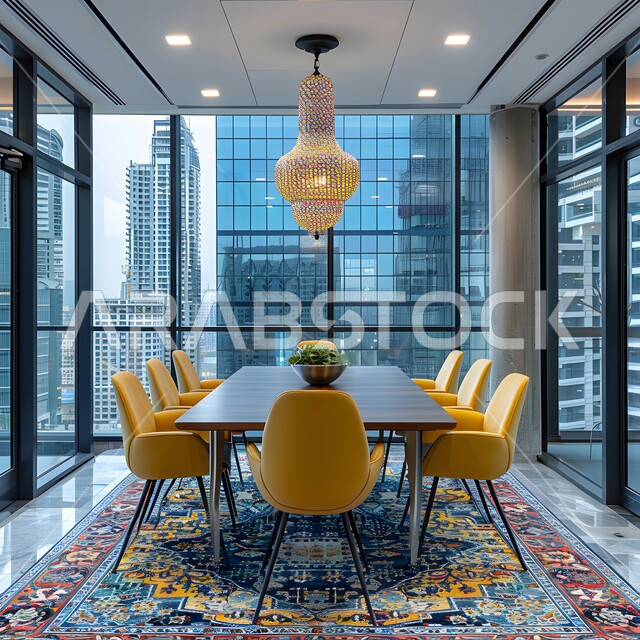 غرفة اجتماعات واسعة مع طاولة محاطة بكراسي، غرف مكتبية بتصاميم وديكورات داخلية فخمة، التصميم العصري الحديث للمكاتب في الشركات السعودية، النوافذ والواجهات الزجاجية