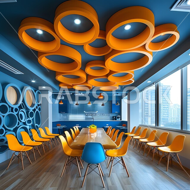 التصميم العصري الحديث للمكاتب في الشركات السعودية، غرفة اجتماعات واسعة مع طاولة محاطة بكراسي، غرف مكتبية بتصاميم وديكورات داخلية فخمة، النوافذ والواجهات الزجاجية