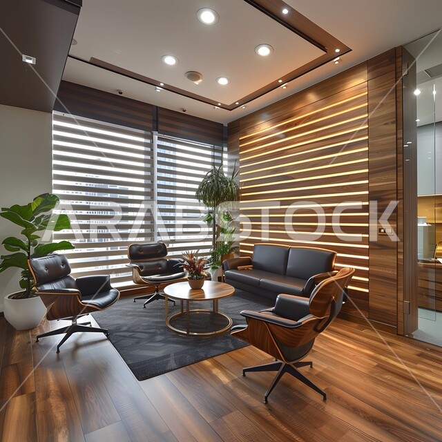 Waiting room in a company, modern equipment and elegant and comfortable furniture, modern designs for Saudi offices, huge glass facades in work offices, interior designs and elegant decorations in a modern style