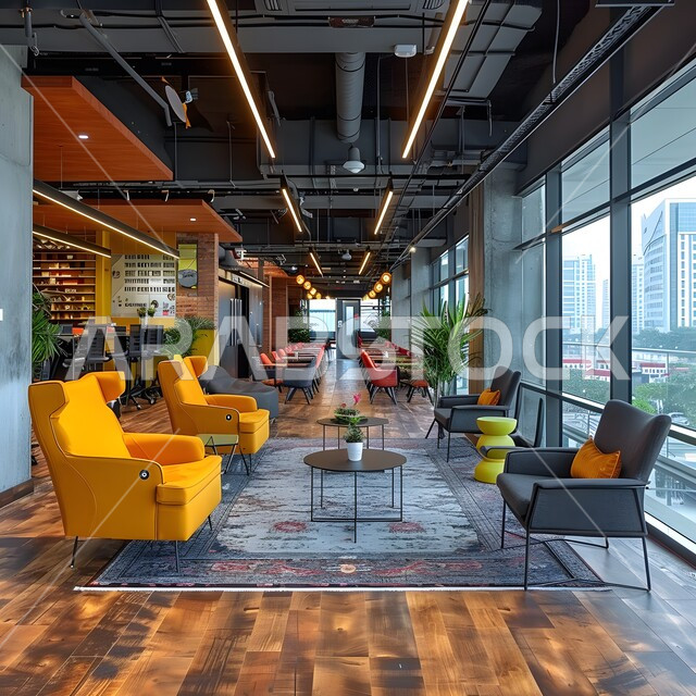 صالة الانتظار في إحدى الشركات, تجهيزات حديثة وأثاث أنيق ومريح، تصاميم عصرية لمكاتب السعودية، واجهات زجاجية ضخمة في مكاتب العمل، تصاميم داخلية وديكورات راقية على الطراز الحديث