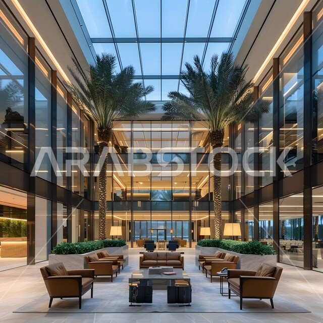 صالة الانتظار في إحدى الشركات, تجهيزات حديثة وأثاث أنيق ومريح، تصاميم عصرية لمكاتب السعودية، واجهات زجاجية ضخمة في مكاتب العمل، تصاميم داخلية وديكورات راقية على الطراز الحديث