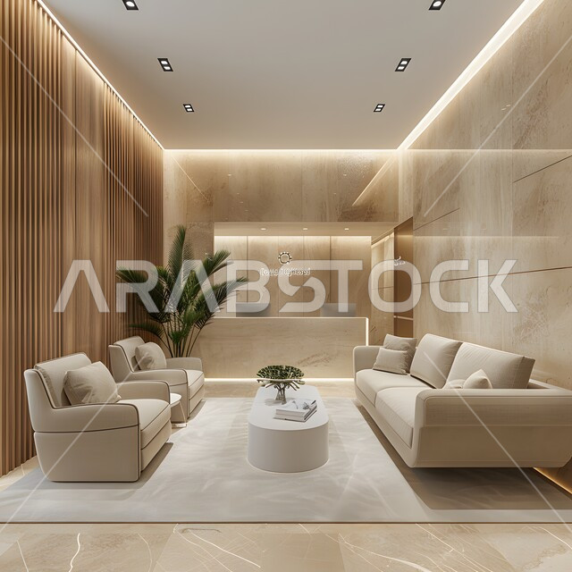 صالة الانتظار في إحدى الشركات, تجهيزات حديثة وأثاث أنيق ومريح، تصاميم عصرية لمكاتب السعودية، واجهات زجاجية ضخمة في مكاتب العمل، تصاميم داخلية وديكورات راقية على الطراز الحديث