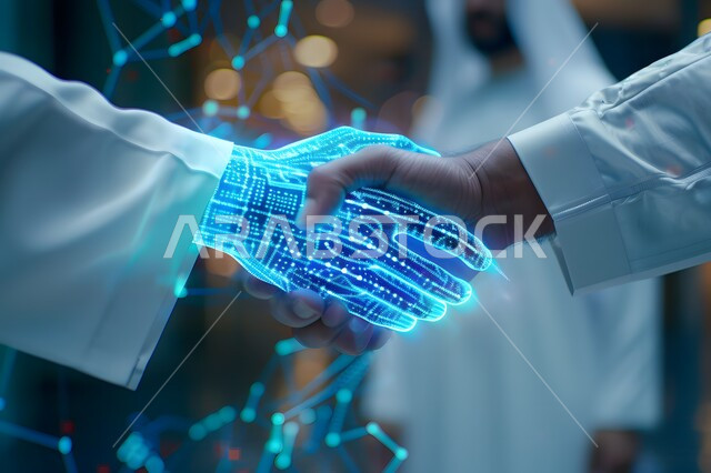 Saudi Vision 2030, Development of Artificial Intelligence, Science and Technology, Concept of Human-Robot Cooperation, Digital Transformation and Technological Progress, Achieving Industrial Revolution in the Electronic Field, Close-up of the hand of a Saudi Arabian Gulf man wearing traditional thobe shaking a digital hand
