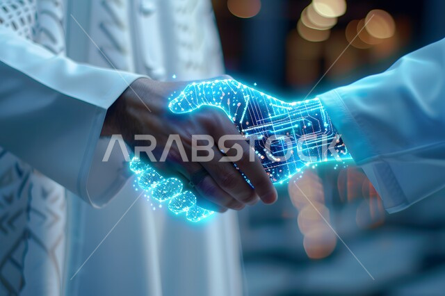 رؤية مستقبلية سعودية 2030، تطور الذكاء الاصطناعي والعلوم والتكنولوجيا، مفهوم التعاون بين البشر والروبوتات، التحول الرقمي والتقدم التقني، تحقيق الثورة الصناعية في المجال الالكتروني, صورة مقربة ليد رجل عربي خليجي سعودي يرتدي الثوب التقليدي يقوم بمصافحة يد رقمية
